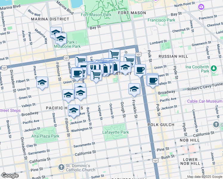 map of restaurants, bars, coffee shops, grocery stores, and more near 1779 Green Street in San Francisco