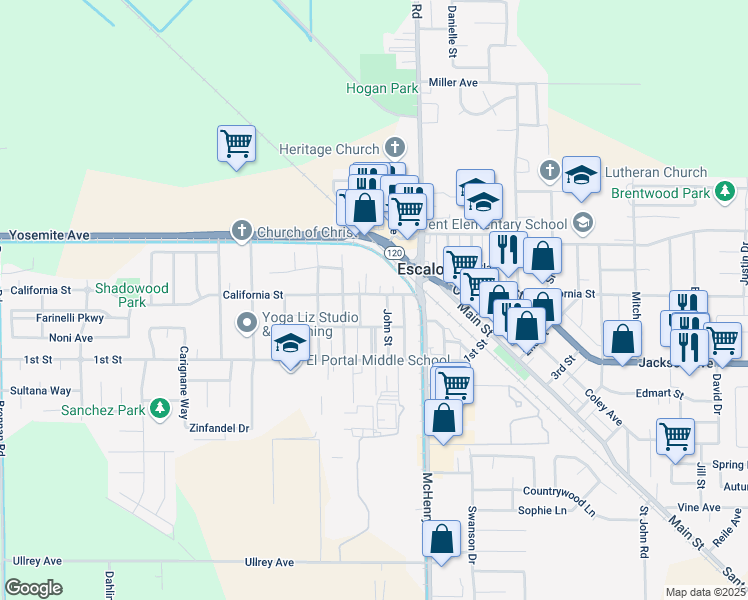 map of restaurants, bars, coffee shops, grocery stores, and more near 1042 California Street in Escalon
