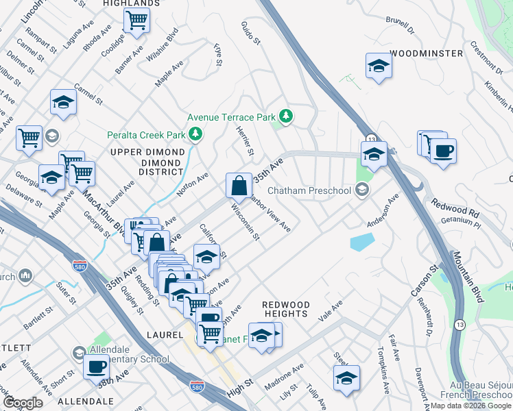map of restaurants, bars, coffee shops, grocery stores, and more near 3530 Libby Court in Oakland