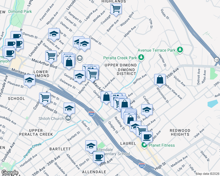 map of restaurants, bars, coffee shops, grocery stores, and more near 3676 Laurel Avenue in Oakland