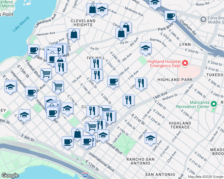 map of restaurants, bars, coffee shops, grocery stores, and more near 2126 10th Avenue in Oakland