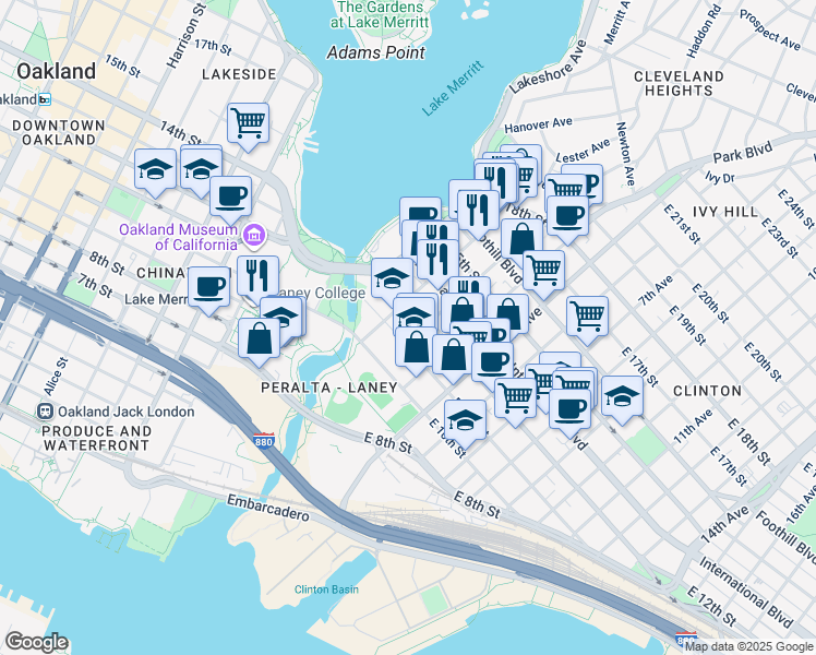 map of restaurants, bars, coffee shops, grocery stores, and more near 250 2nd Avenue in Oakland