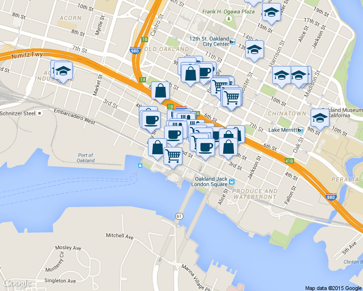 map of restaurants, bars, coffee shops, grocery stores, and more near 314 Broadway in Oakland