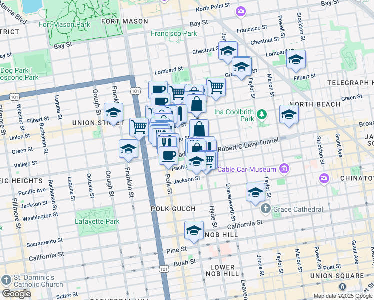map of restaurants, bars, coffee shops, grocery stores, and more near 1355 Vallejo Street in San Francisco