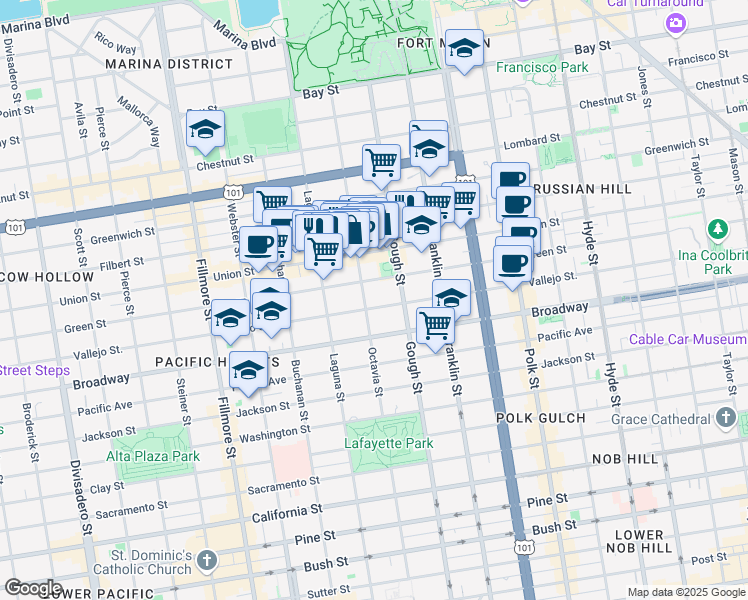 map of restaurants, bars, coffee shops, grocery stores, and more near 1779 Green Street in San Francisco