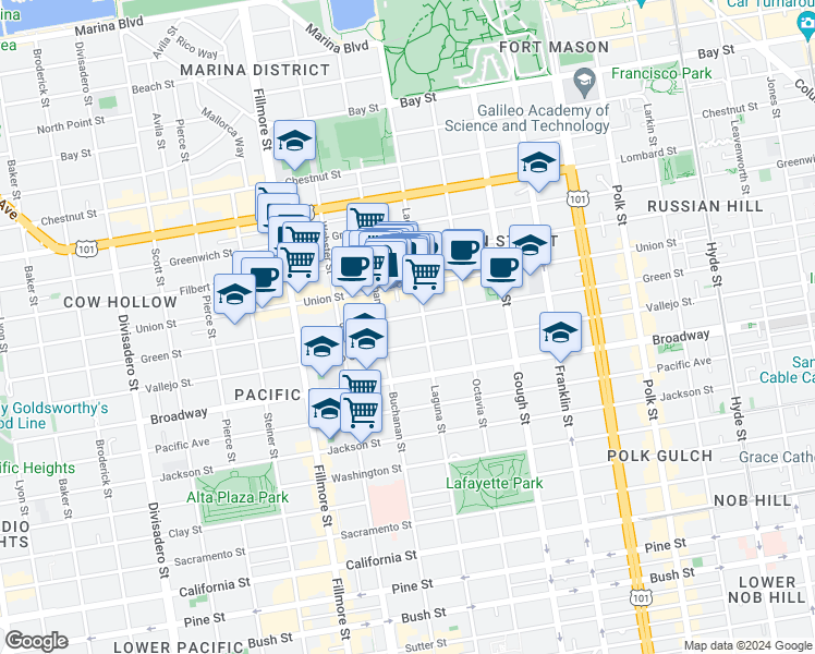 map of restaurants, bars, coffee shops, grocery stores, and more near 1966 Green Street in San Francisco