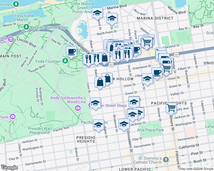 map of restaurants, bars, coffee shops, grocery stores, and more near 2674 Filbert Street in San Francisco