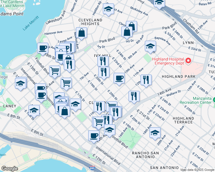 map of restaurants, bars, coffee shops, grocery stores, and more near 2011 10th Avenue in Oakland