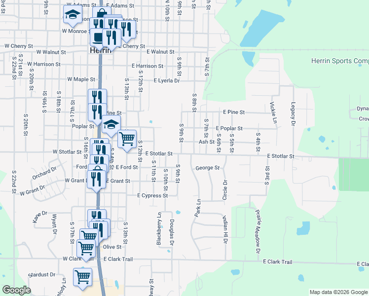 map of restaurants, bars, coffee shops, grocery stores, and more near 612-698 South 9th Street in Herrin