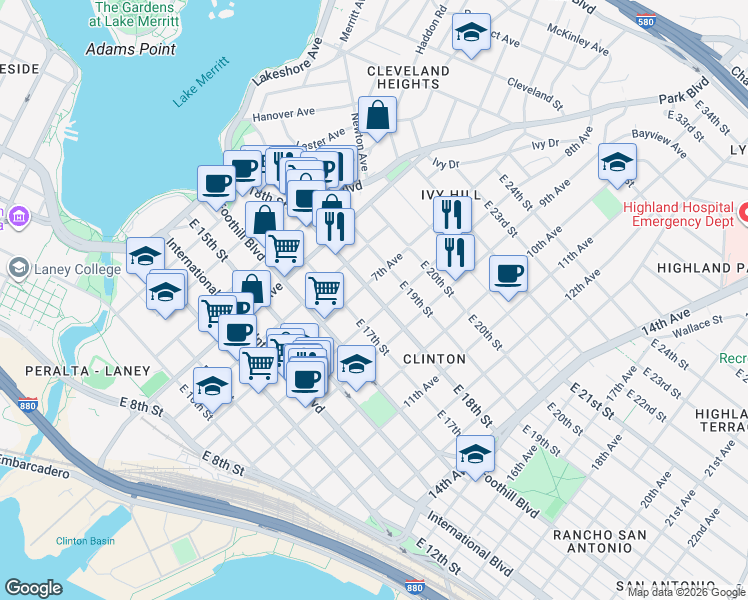 map of restaurants, bars, coffee shops, grocery stores, and more near 731 East 18th Street in Oakland