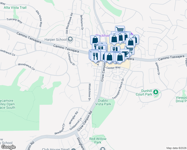 map of restaurants, bars, coffee shops, grocery stores, and more near 321 West Meadows Lane in Danville