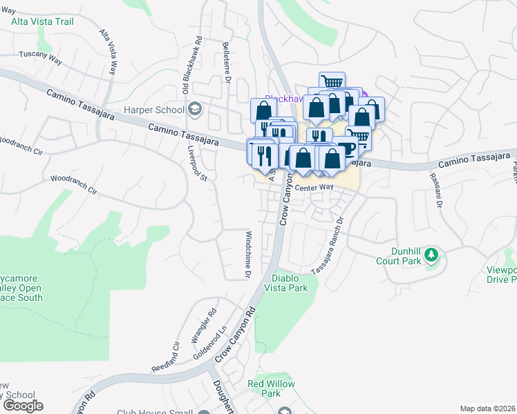 map of restaurants, bars, coffee shops, grocery stores, and more near 321 West Meadows Lane in Danville