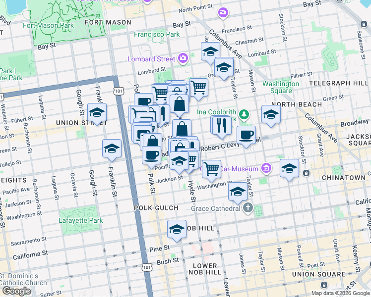 map of restaurants, bars, coffee shops, grocery stores, and more near Broadway & Hyde St in San Francisco