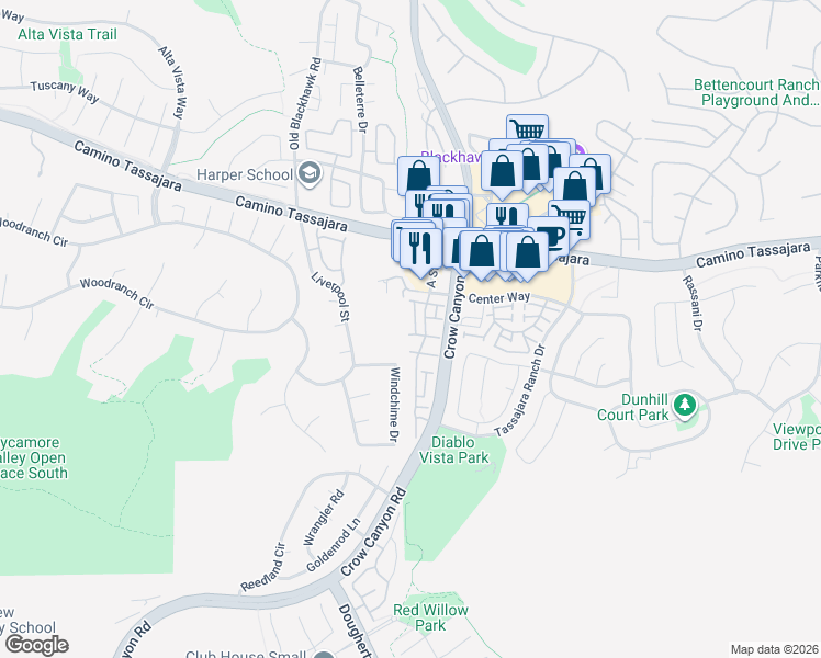 map of restaurants, bars, coffee shops, grocery stores, and more near 304 West Meadows Lane in Danville