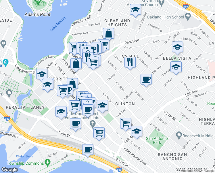 map of restaurants, bars, coffee shops, grocery stores, and more near 727 East 18th Street in Oakland