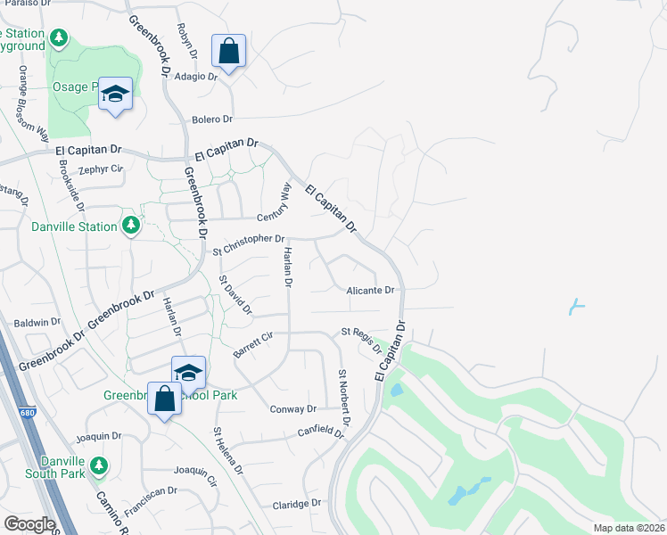 map of restaurants, bars, coffee shops, grocery stores, and more near 1021 Alicante Drive in Danville