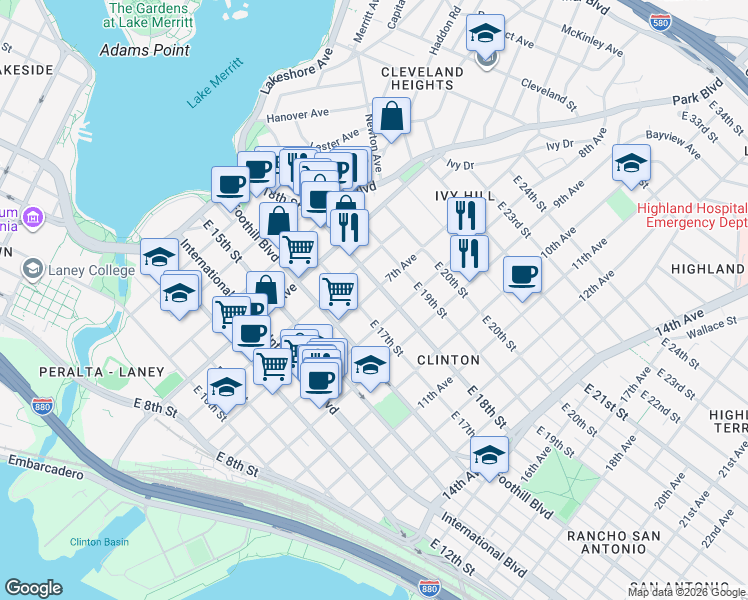 map of restaurants, bars, coffee shops, grocery stores, and more near 1807 7th Avenue in Oakland