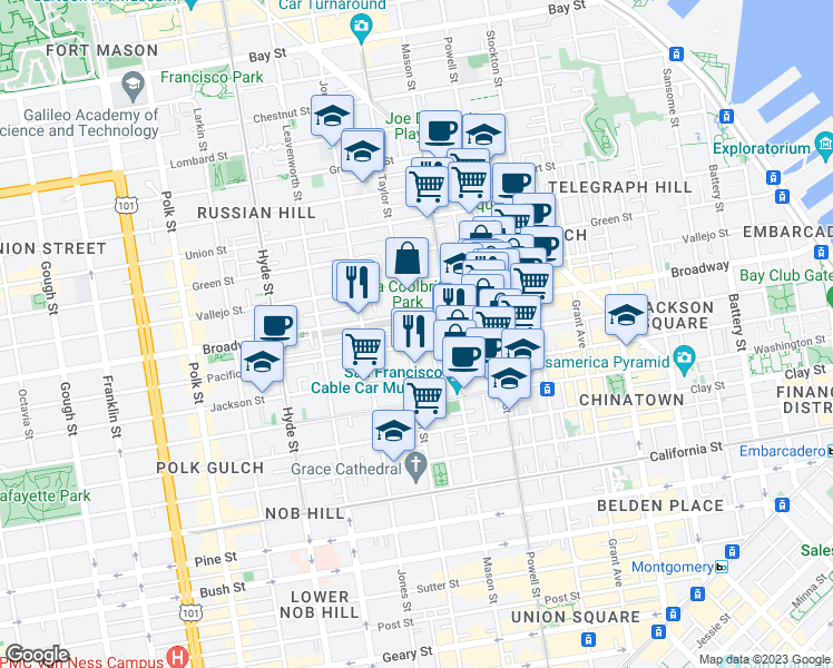 map of restaurants, bars, coffee shops, grocery stores, and more near 999 Robert C Levy Tunnel in San Francisco