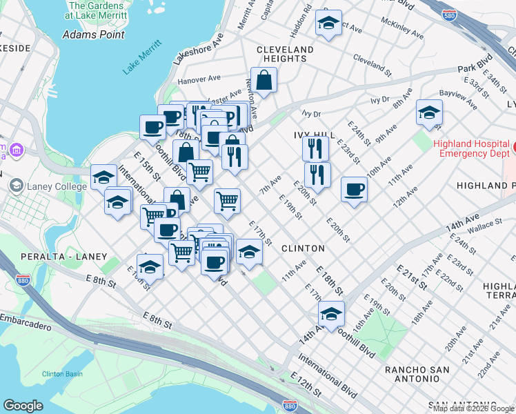 map of restaurants, bars, coffee shops, grocery stores, and more near 715 East 18th Street in Oakland