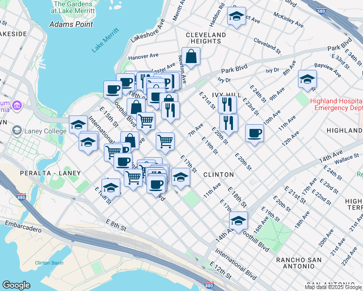 map of restaurants, bars, coffee shops, grocery stores, and more near 1726 7th Avenue in Oakland