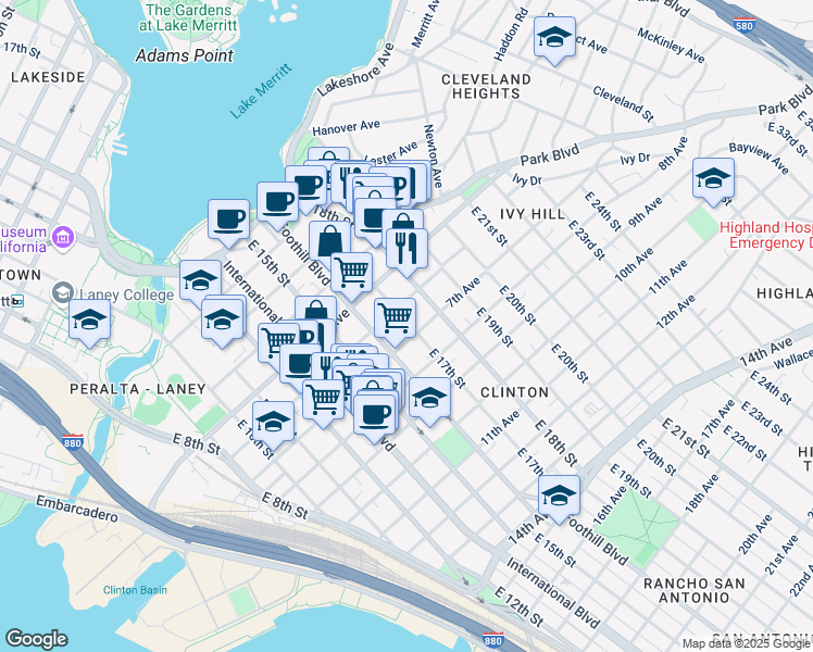 map of restaurants, bars, coffee shops, grocery stores, and more near 641 East 17th Street in Oakland