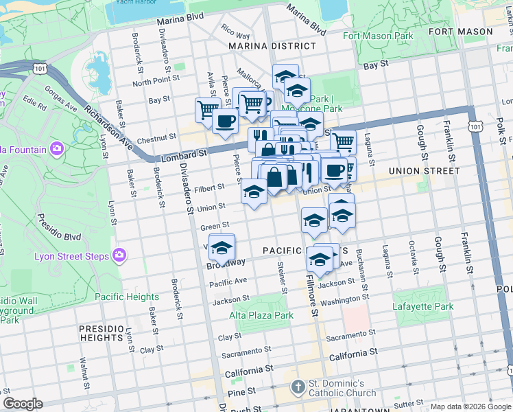 map of restaurants, bars, coffee shops, grocery stores, and more near 2353 Union Street in San Francisco