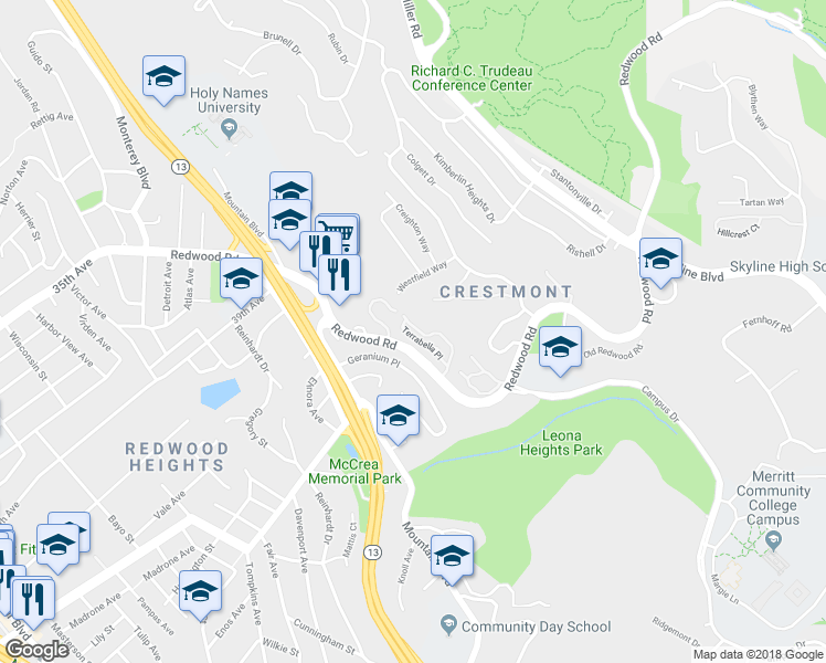 map of restaurants, bars, coffee shops, grocery stores, and more near 4353 Terrabella Way in Oakland