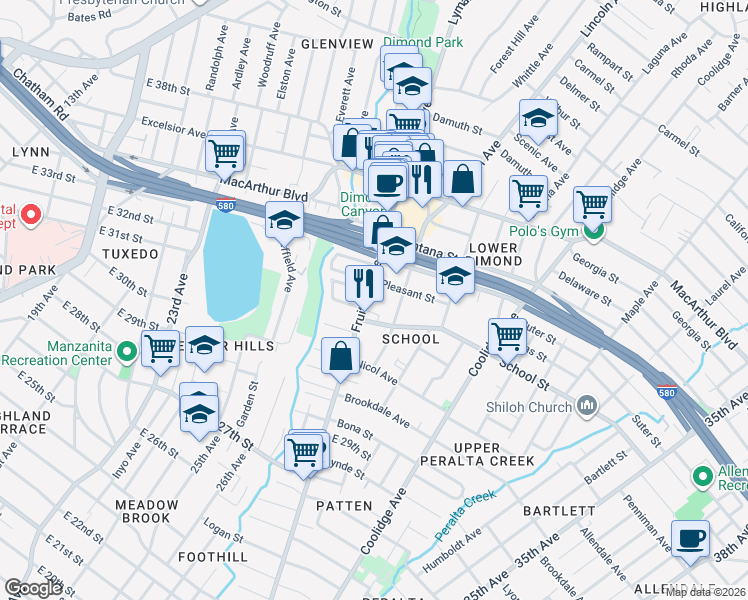 map of restaurants, bars, coffee shops, grocery stores, and more near 2615 Pleasant Street in Oakland