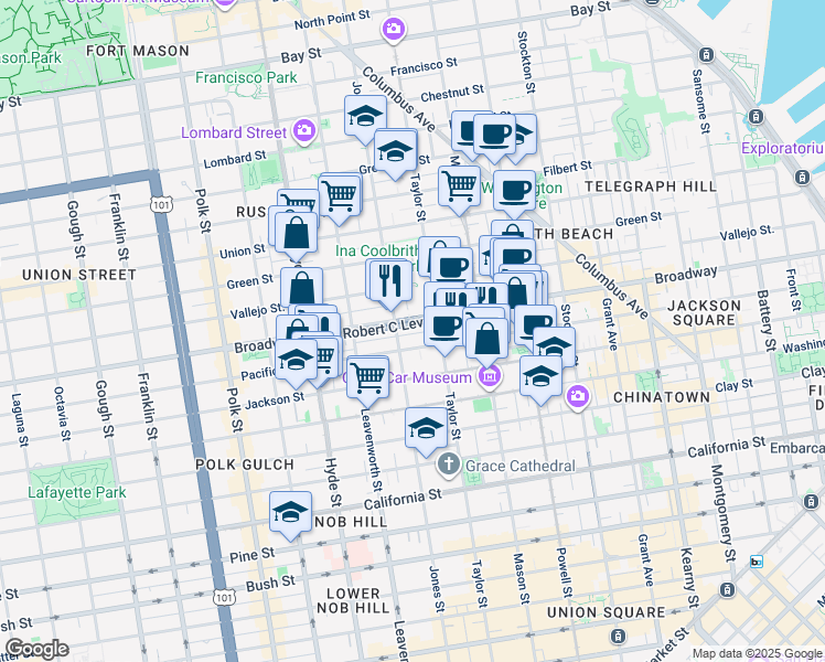 map of restaurants, bars, coffee shops, grocery stores, and more near 1700 Jones Street in San Francisco