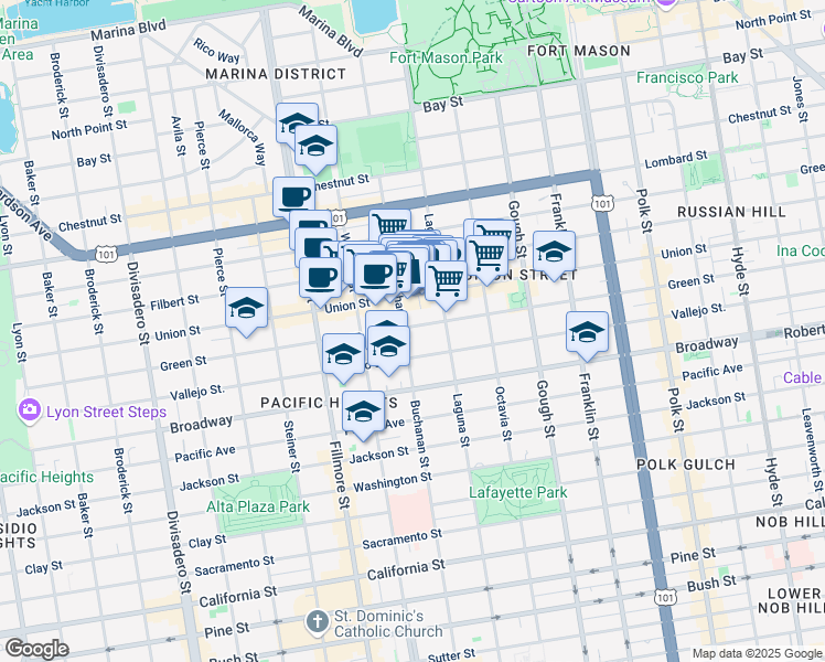 map of restaurants, bars, coffee shops, grocery stores, and more near 1966 Green Street in San Francisco