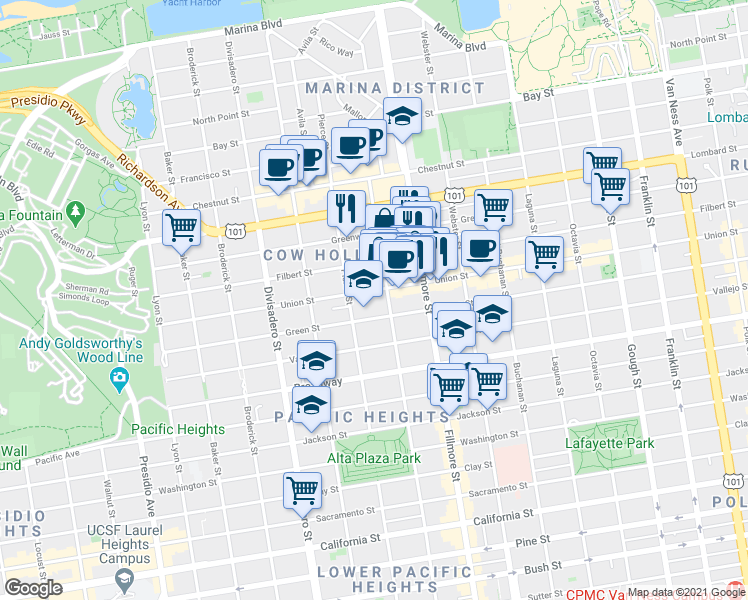 map of restaurants, bars, coffee shops, grocery stores, and more near 2306 Union Street in San Francisco