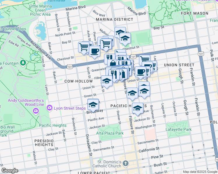 map of restaurants, bars, coffee shops, grocery stores, and more near 2306 Union Street in San Francisco
