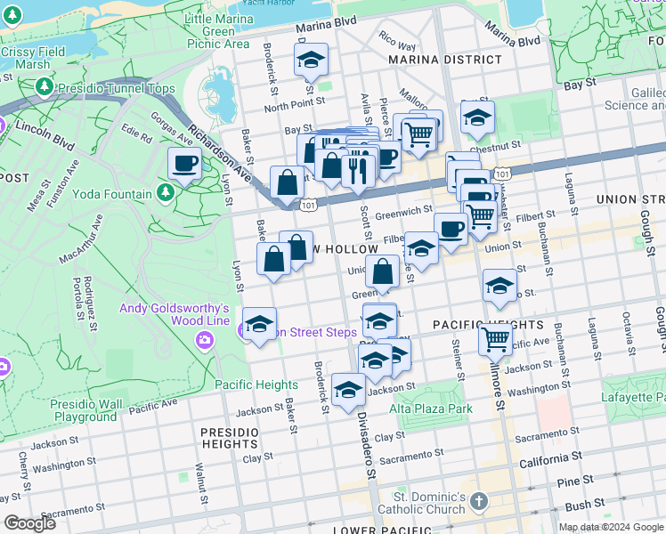 map of restaurants, bars, coffee shops, grocery stores, and more near in San Francisco
