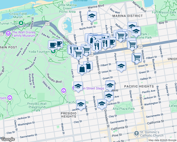 map of restaurants, bars, coffee shops, grocery stores, and more near 2674 Filbert Street in San Francisco
