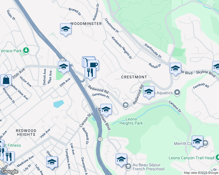 map of restaurants, bars, coffee shops, grocery stores, and more near 4353 Terrabella Way in Oakland