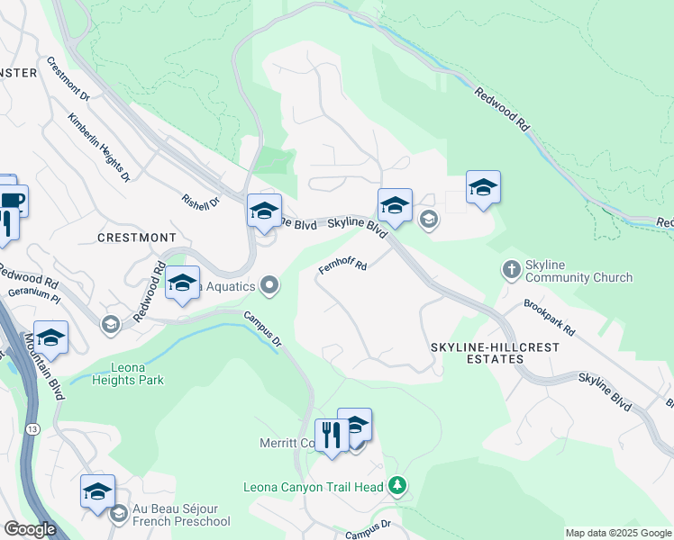 map of restaurants, bars, coffee shops, grocery stores, and more near 5550 Fernhoff Road in Oakland