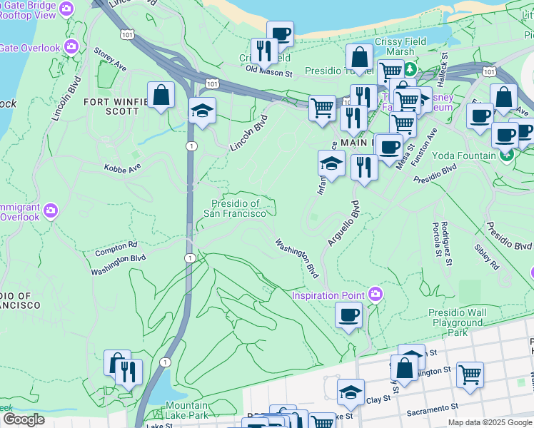 map of restaurants, bars, coffee shops, grocery stores, and more near 421 Washington Boulevard in San Francisco
