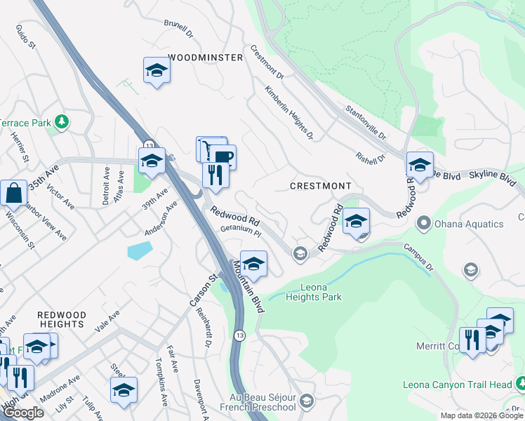 map of restaurants, bars, coffee shops, grocery stores, and more near 4353 Terrabella Way in Oakland