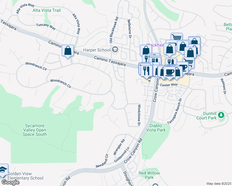 map of restaurants, bars, coffee shops, grocery stores, and more near 115 Crestridge Drive in Danville