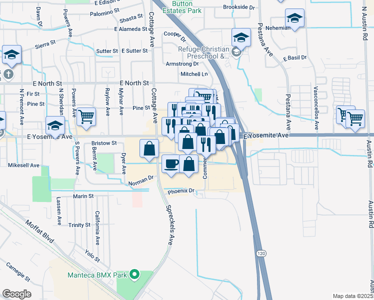 map of restaurants, bars, coffee shops, grocery stores, and more near 1330 East Yosemite Avenue in Manteca