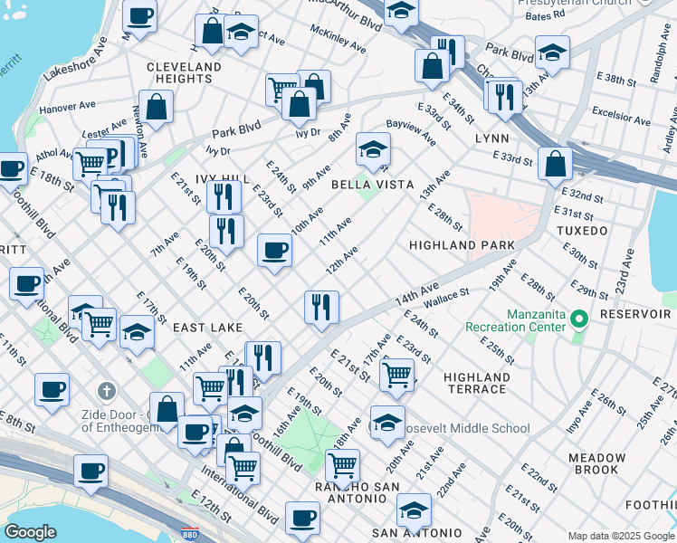 map of restaurants, bars, coffee shops, grocery stores, and more near 1206 East 23rd Street in Oakland