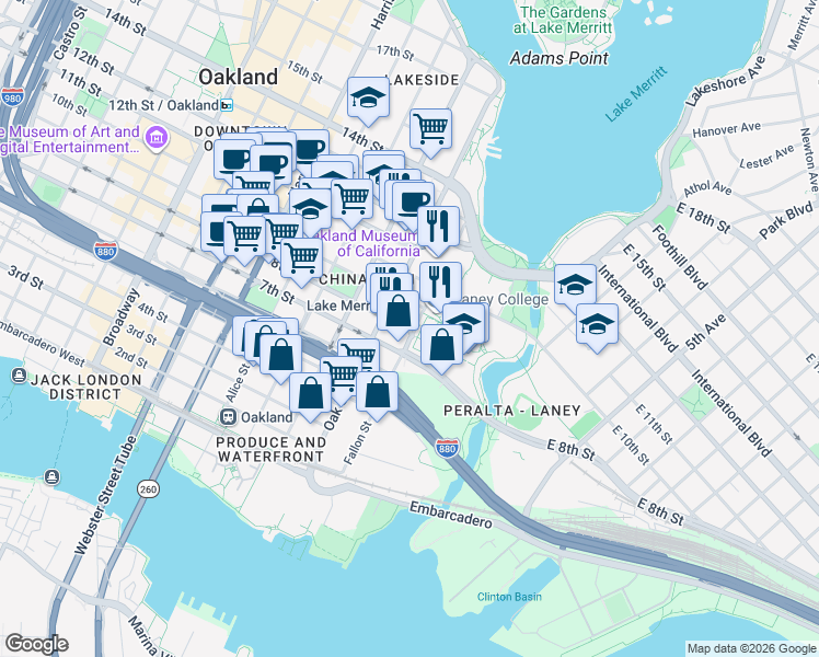 map of restaurants, bars, coffee shops, grocery stores, and more near 2 8th Street in Oakland
