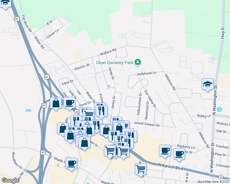 map of restaurants, bars, coffee shops, grocery stores, and more near 744 Janey Drive in Farmington