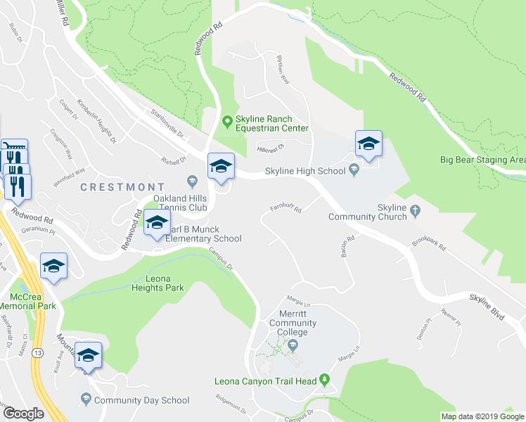 map of restaurants, bars, coffee shops, grocery stores, and more near 5511 Fernhoff Road in Oakland