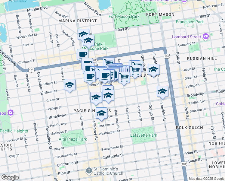 map of restaurants, bars, coffee shops, grocery stores, and more near Green Street & Buchanan Street in San Francisco