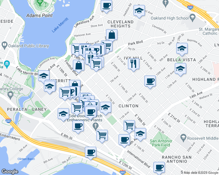 map of restaurants, bars, coffee shops, grocery stores, and more near 717 East 18th Street in Oakland
