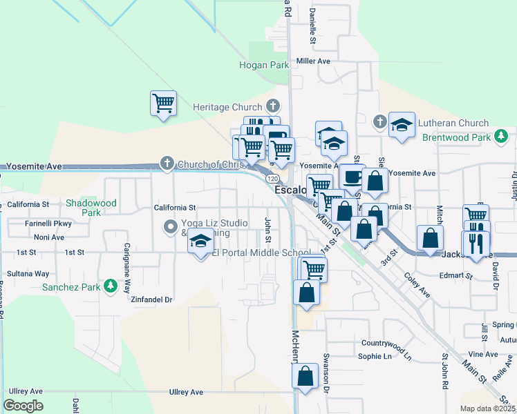 map of restaurants, bars, coffee shops, grocery stores, and more near 1042 California Street in Escalon