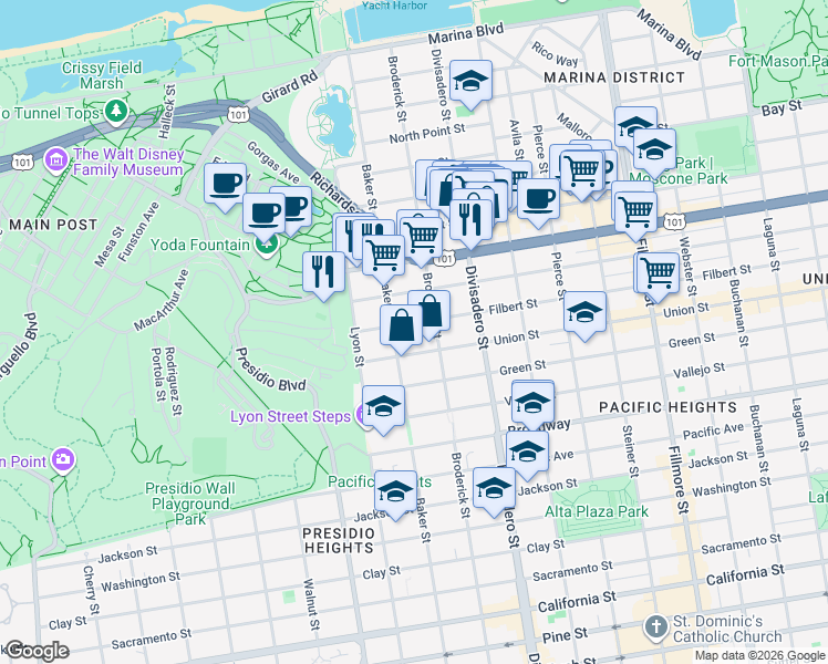 map of restaurants, bars, coffee shops, grocery stores, and more near 2762 Filbert Street in San Francisco
