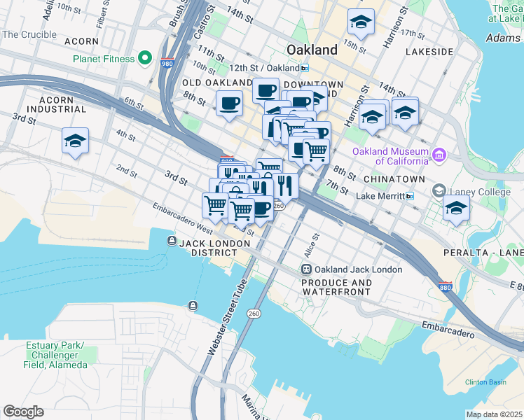 map of restaurants, bars, coffee shops, grocery stores, and more near 331 Franklin Street in Oakland