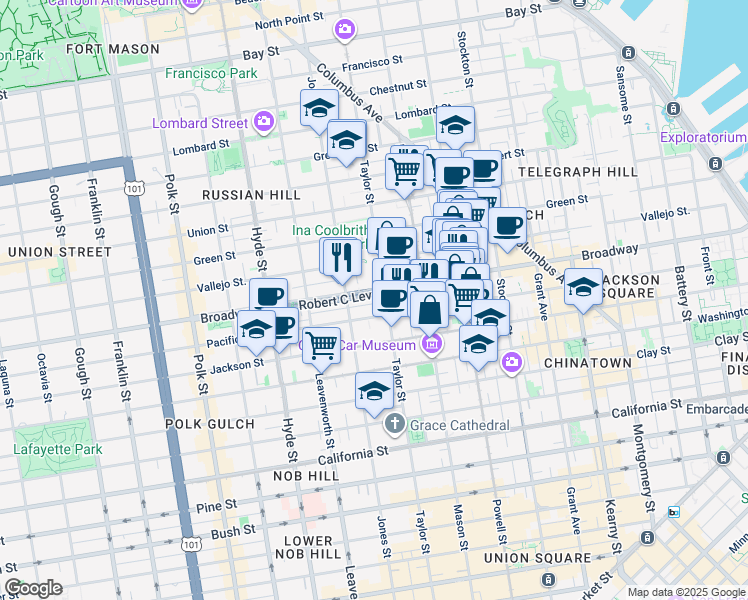 map of restaurants, bars, coffee shops, grocery stores, and more near 26 Bernard Street in San Francisco